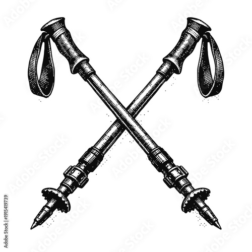 Vintage Engraved Style Crossed Trekking Poles Illustration for Outdoor Adventure, Hiking, Mountain Climbing Enthusiasts. Perfect for Retro Logos, Backpacking Apparel, Wilderness-Themed Merchandise wit