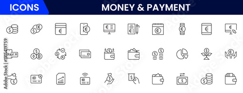 Money and payment are simple, minimal, thin line icons. Related money, credit card, atm, purchase, bill. Vector illustration.