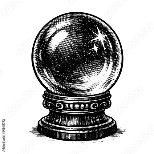 Black and White Vintage Engraved Crystal Ball Illustration: Mystical divination sphere on ornate stand, ideal for fortune telling, future prediction, and spiritual guidance. Perfect for designs focuse
