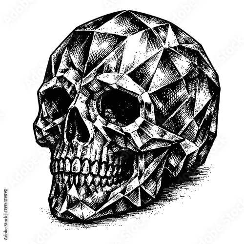Intricate black and white geometric skull illustration featuring a striking faceted design, meticulously crafted with detailed pen and ink cross-hatching, merging traditional artistry with a modern po
