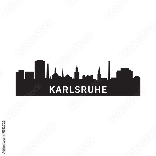 A stark black silhouette of the karlsruhe cityscape against a white background