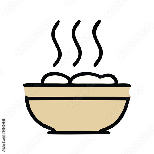 Vector graphic of a steaming bowl filled with hot, comforting food, symbolizing a fresh and delicious homemade meal. Perfect for culinary projects, menus, or food-related branding