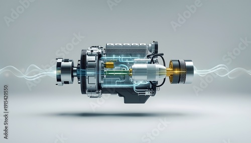 Hybrid Engine Technology Visualization, Clean Energy Motor, Transparent 3D Rendering