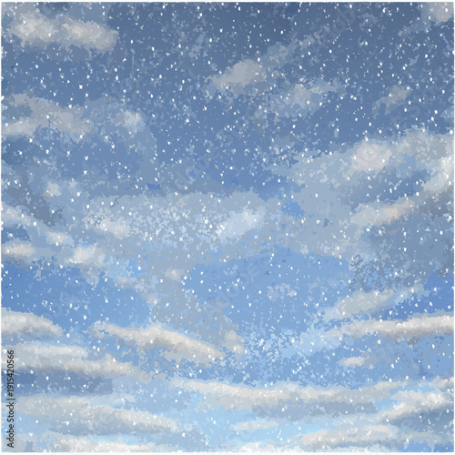 A blue sky with scattered clouds and falling snow creating a wintery atmosphere