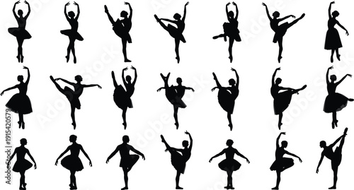 Ballet dancer silhouette collection isolated on white background, graceful ballerina poses set with tutu dress for dance and performance design