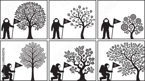 Astronaut with ornate decorative tree silhouette set, black and white fantasy space nature illustration collection