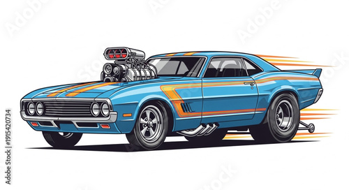 Blue Muscle Car with Engine.