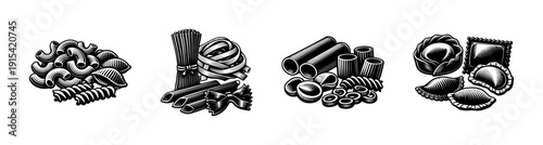 Pasta flat vector icons set: italian cuisine, noodles, ravioli, penne illustrations