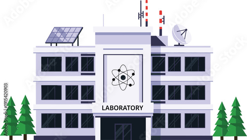 Flat illustration of a three-story scientific laboratory building with solar panels satellite dishes and atomic symbol for technology