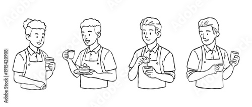 Friendly male barista and cafe staff hand drawn vector line art set with coffee takeaway cake serving and espresso tasting for bakery branding and social design