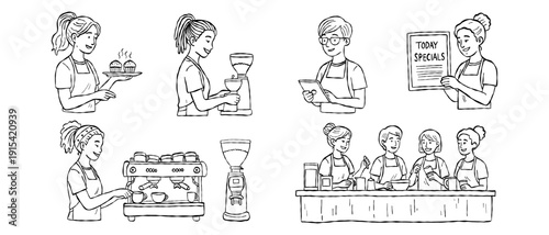 Cute cartoon barista team and cafe staff hand drawn vector line art set with espresso machine coffee grinding and serving for restaurant service design