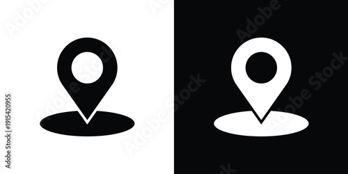 Professional black and white location pin icon with an oval shadow. Minimalist map pointer symbol for navigation, travel, and destination tracking. Vector illustration for UI and web design.