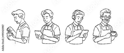 Modern male barista and cafe staff hand drawn vector line art set with tablet ordering and headphones for digital cafe management and branding design