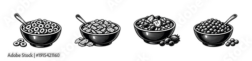 Flat vector icons set: breakfast cereal bowls, food symbols, morning meal design