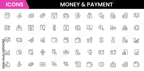 Money and payment are simple, minimal, thin line icons. Related money, credit card, atm, purchase, bill. Vector illustration.