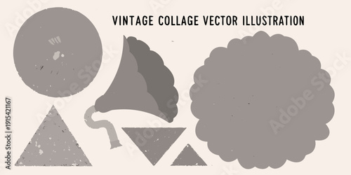 Vintage collage vector illustration featuring geometric shapes a gramophone and a textured aged aesthetic