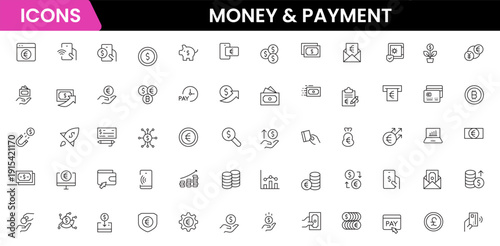Money and payment are simple, minimal, thin line icons. Related money, credit card, atm, purchase, bill. Vector illustration.