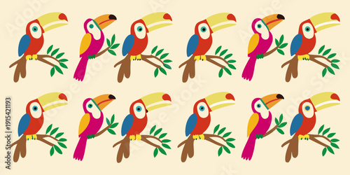 Repeating pattern of colorful toucan birds with foliage against a light beige background