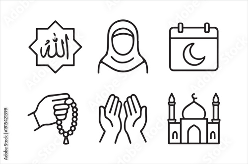 Islamic symbols and icons set prayer faith mosque and religious observance high quality professional