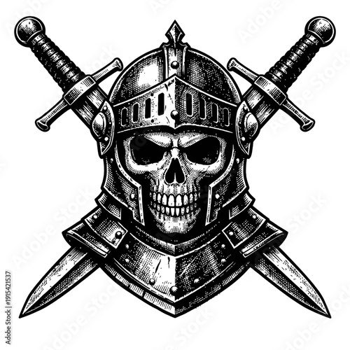 Gritty hand-drawn illustration of a formidable skeletal warrior, clad in a detailed medieval knight's helmet, with two sharp, menacing swords crossed dramatically behind its grim, toothy skull. A powe