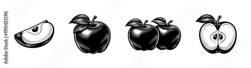 Flat vector icons set: apple illustrations in vintage style for graphic design