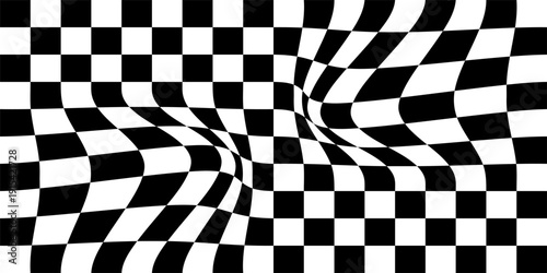 Floor in tile checker. Vector pattern of optical illusion. Moving wave with black and white squares. Op art. Background with chessboard grid