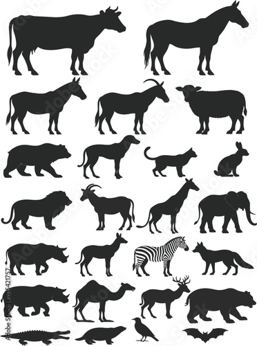 A collection of black animal silhouettes, including a cow, horse, bear, lion, elephant, and more, all on a white background
