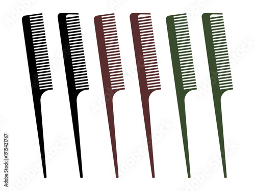 Hair tail comb vector set on transparent background. Minimalist grooming accessories flat icons for beauty salon branding, personal hygiene infographics, and digital hair care tutorials