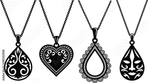 Black Pendants Necklaces with Ornate Designs on White Background