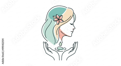 Woman with flower in hair and hands cupped under water droplet symbolizing hydration and natural beauty