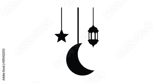 A minimalist composition featuring a crescent moon star and lantern shapes in a stark black silhouette high quality