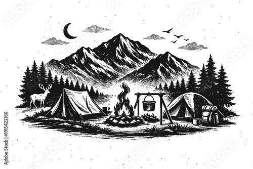 Vintage woodcut illustration of a serene mountain campsite at night, featuring majestic peaks, dense pine forest, a crackling campfire with a cooking pot, two cozy tents, a majestic deer, a crescent m