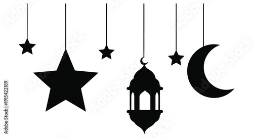 A celestial arrangement featuring stars a crescent moon and an ornate lantern all depicted as a silhouette