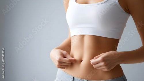 Close up view of a woman s sculpted abs and lean waist dressed in fitness wear representing health wellness and dedicated exercise