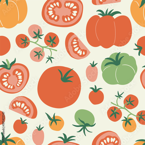 Vector tomato seamless pattern. Colorful flat tomatoes isolated on light beige background. Stylish flat vegetable repeat design for fabric or wallpaper. Tomatoes of different varieties. 
