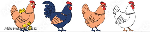 Colorful flat illustration set of farm poultry featuring a hen with chicks a rooster and a white hen