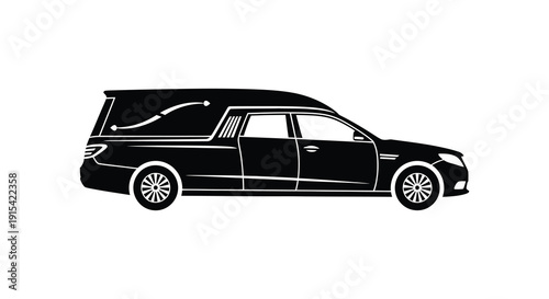 A sleek black hearse is depicted in profile showcasing a somber automotive design silhouette high quality professional detailed