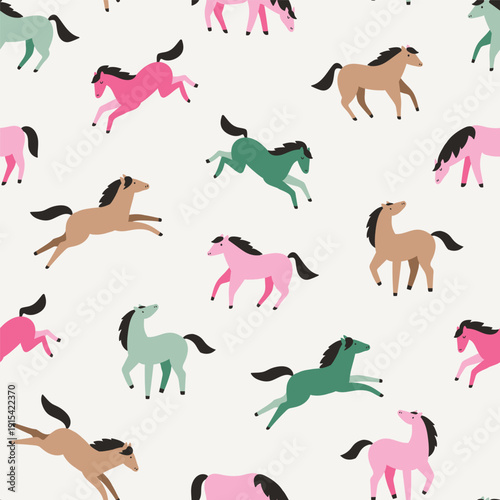 Vector seamless pattern with colorful flat horse silhouette isolated on light beige background. Stylish illustrated horses. Funny animal repeat fabric design.