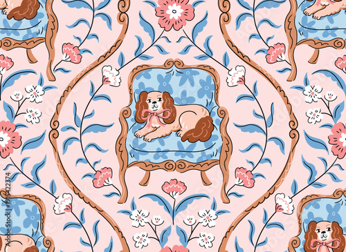 vector dog seamless pattern. Cavalier king charles spaniel on vintage arm chair  in cute hand drawn style. Fabric or wallpaper damask pattern design.