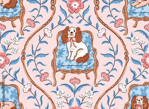 vector dog seamless pattern. Cavalier king charles spaniel on vintage arm chair  in cute hand drawn style. Fabric or wallpaper damask pattern design.