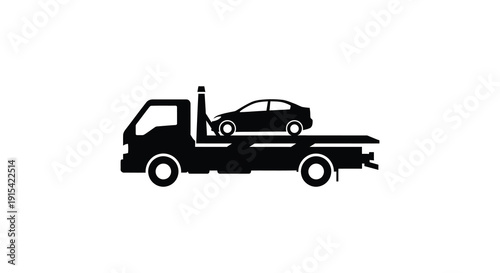 A flatbed tow truck is carrying a damaged car depicted as a stark black outline silhouette high quality