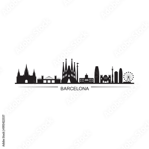 Photography Barcelona skyline silhouette with prominent sagrada familia and ferris wheel