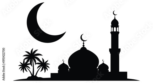 A striking black silhouette depicts a crescent moon palm trees and a traditional mosque structure silhouette high quality