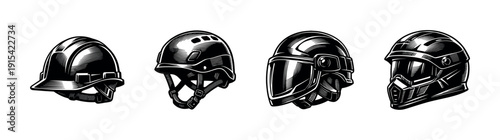 Helmet flat vector icons set: safety, sports, and tactical headgear collection