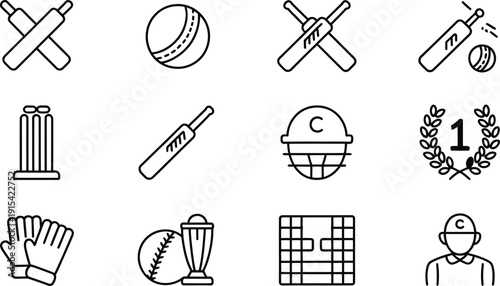 Cricket Sports Icons Set with Bat Ball Helmet and Trophy