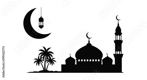 A striking black silhouette depicts a crescent moon mosque palm trees and a lantern evoking islamic tradition silhouette