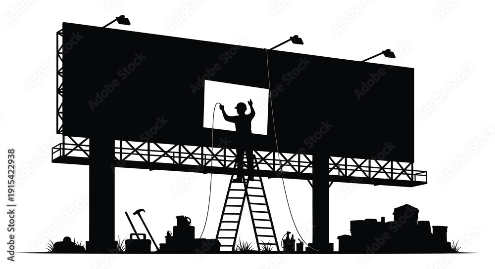 Obraz premium A worker repairs a large billboard with a rectangular opening ascending a ladder against its frame silhouette
