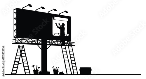A stark black silhouette of a billboard with a figure raising their hand against a bright void silhouette