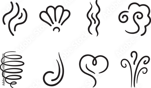 Abstract Hand Drawn Wind and Air Motion Line Icons Set in Black Outline