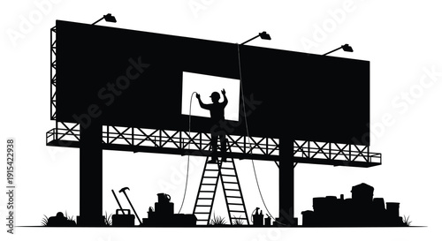 A worker repairs a large billboard with a rectangular opening ascending a ladder against its frame silhouette